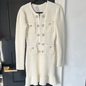 Self-Portrait Cream Tweed Dress with Silver Accents